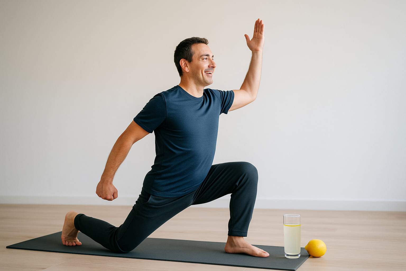 Uomo che fa yoga con limone accanto