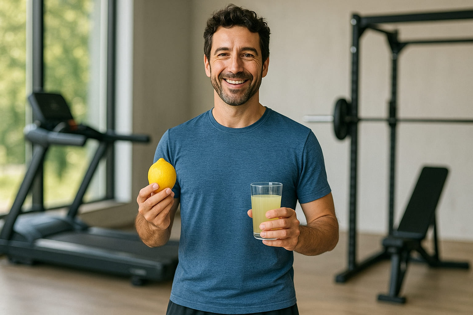 Uomo con limone in mano in palestra