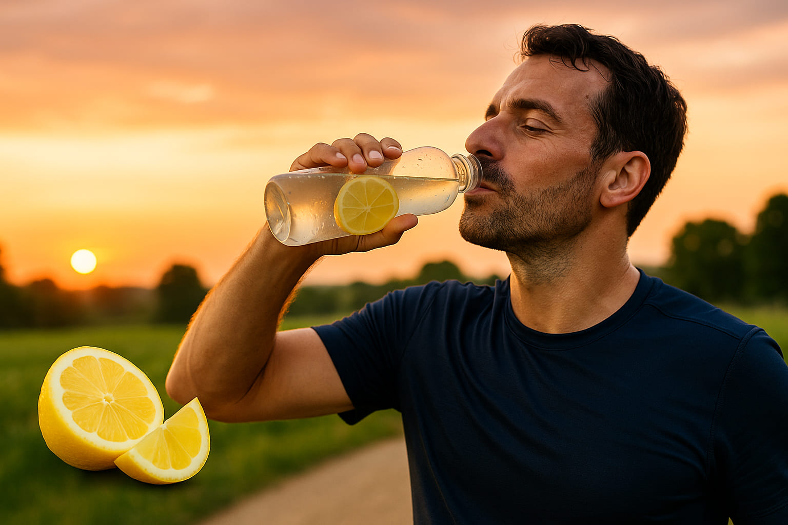 Uomo che beve лимонную воду после пробежки