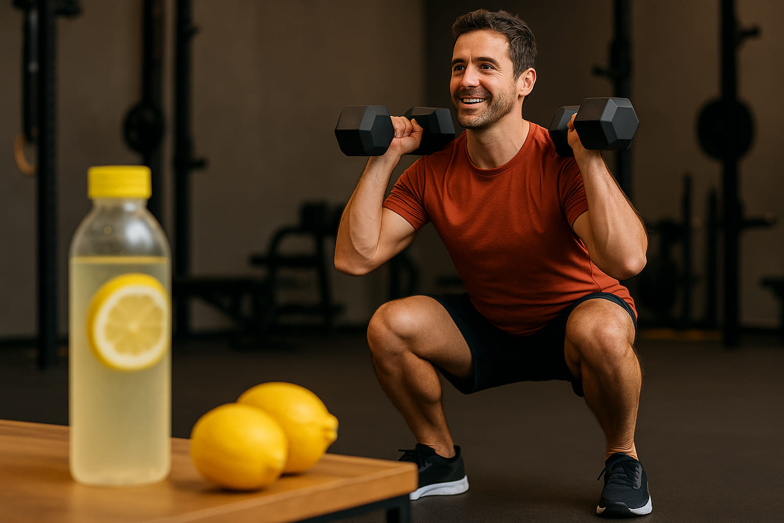 Uomo che si allena con acqua al limone accanto